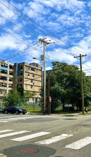 Buildings on the corner of Johnston Avenue and Pine Street. (Sergio Sanchez / SOC Images)