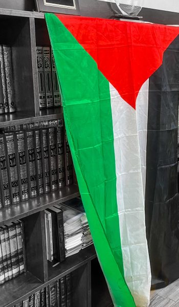 The Palestinian flag is hung by a library at a Hudson County Islamic Center. Photo by Chelsea Pujols/Slice of Culture